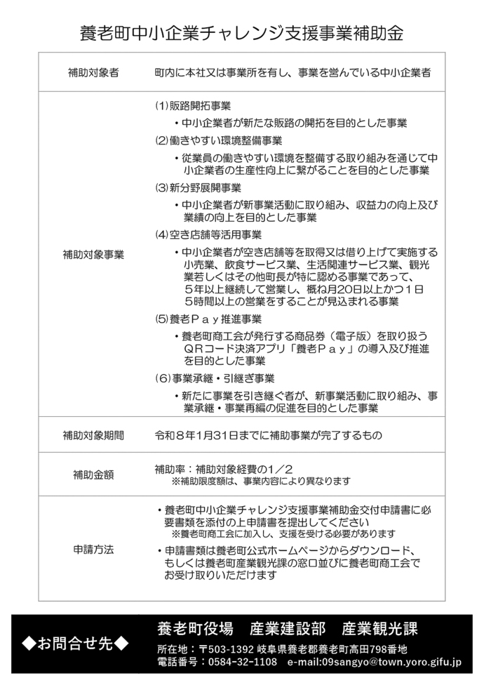 写真：養老町中小企業チャレンジ支援事業補助金 チラシ裏